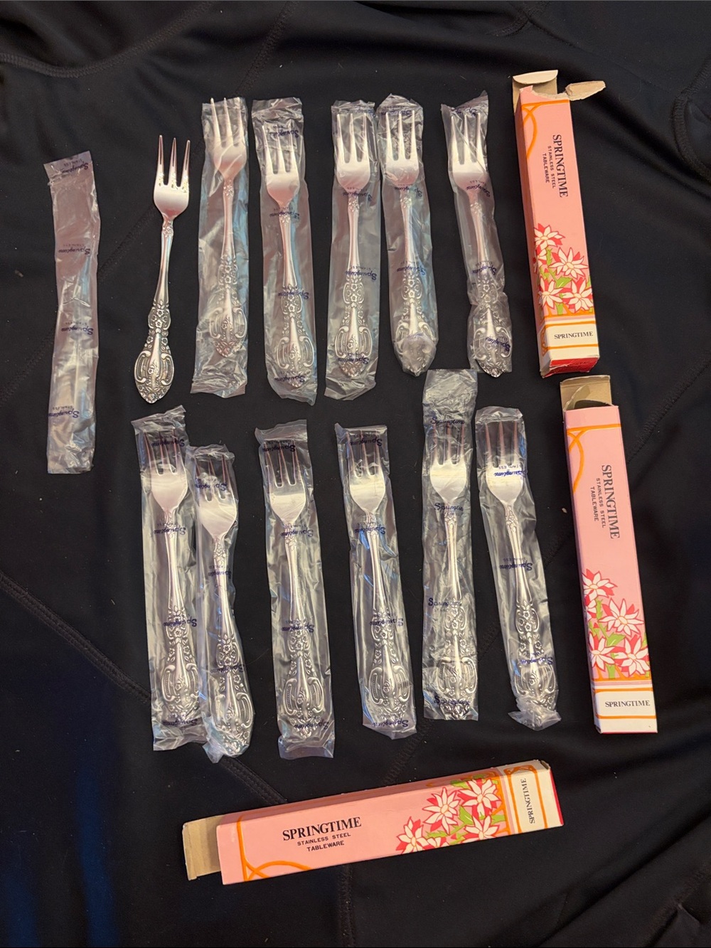 Springtime Stainless Steel Ornate Cocktail Forks 12- new in boxes